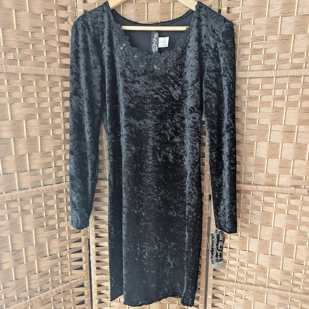 VTG Deadstock Black Crushed Velvet Beaded Neckline Long Sleeve Mini Dress Sz M